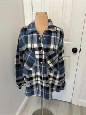 Hipchik Couture Blue Plaid Aspen Embellished Flannel Fleece Shacket